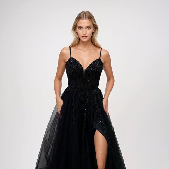 New Sleeveless Maxi Prom Ball Gown w/ Rhinestones Embroidery & Leg Slit JT2632L - Picture 1 of 8